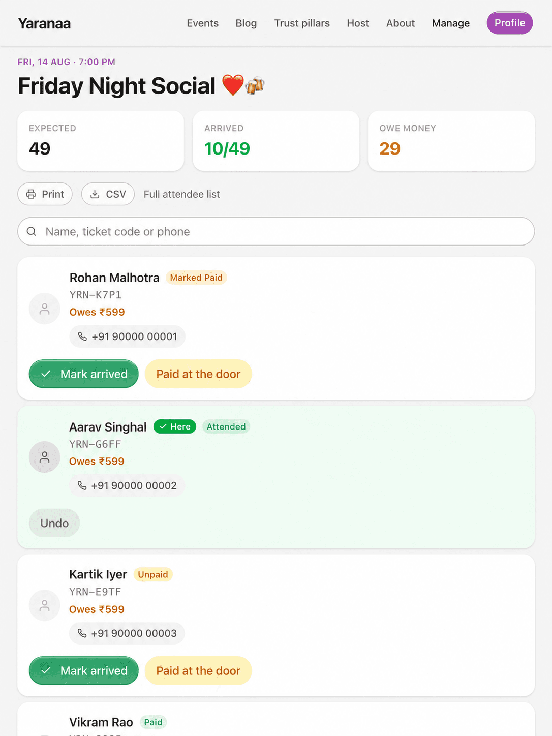 The check-in screen with a search box, arrived counts and mark arrived buttons