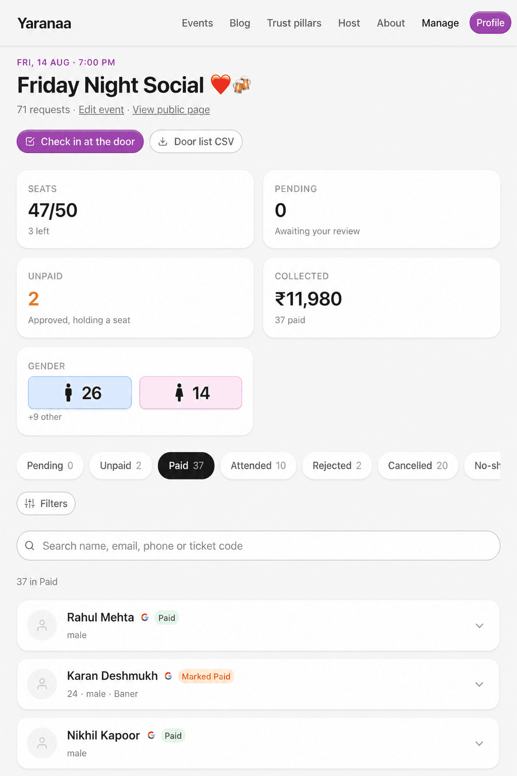The attendees screen showing seats left, who has paid and the gender split