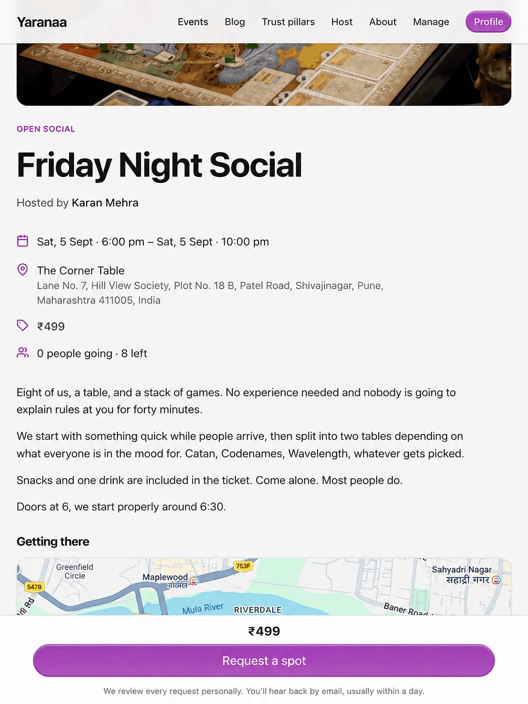 An event page with the cover photo, date, venue, price and spots left